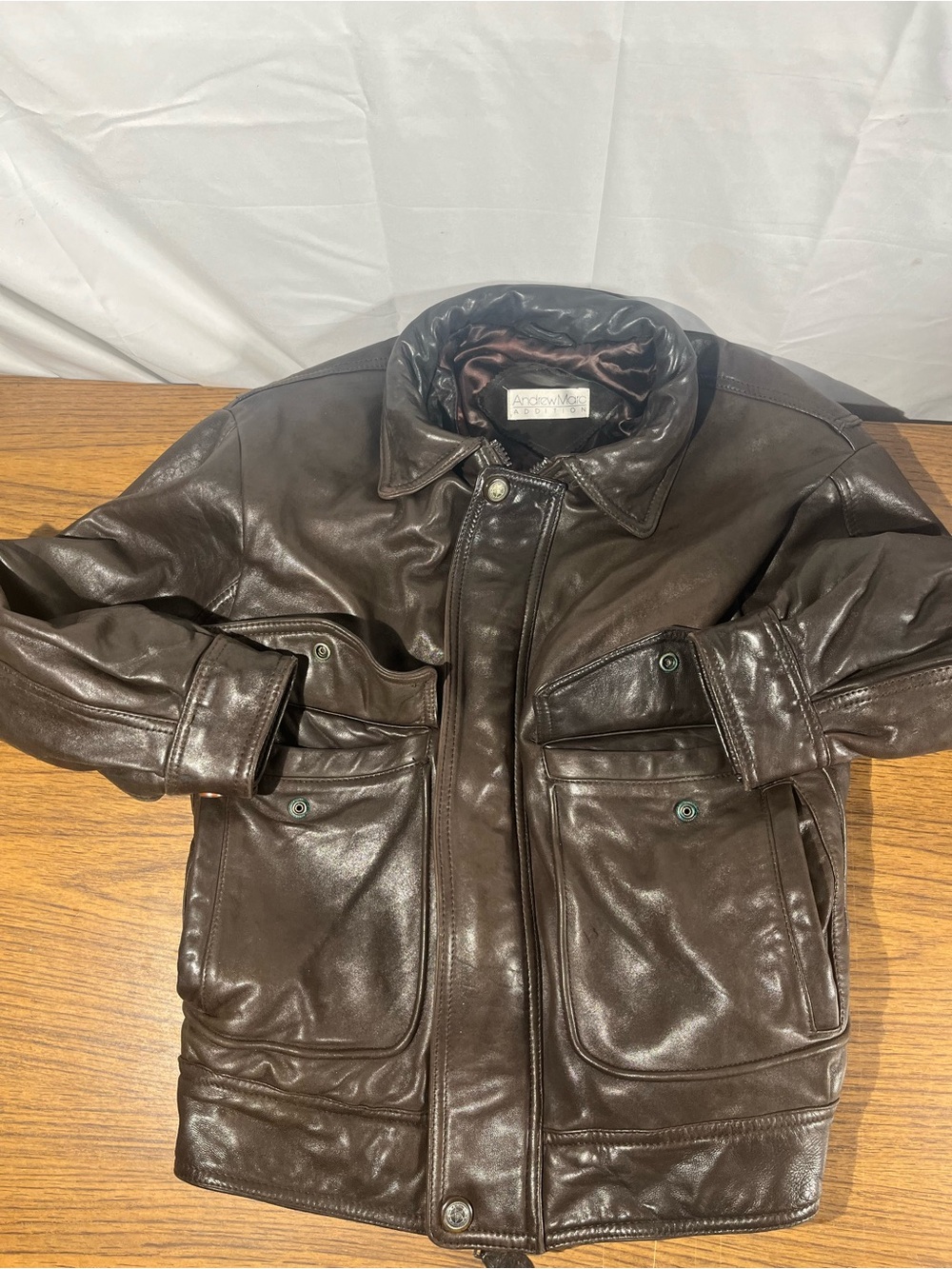 Andrew Marc New York Mens Jacket Size M Brown Shiny Leather Bomber 74847